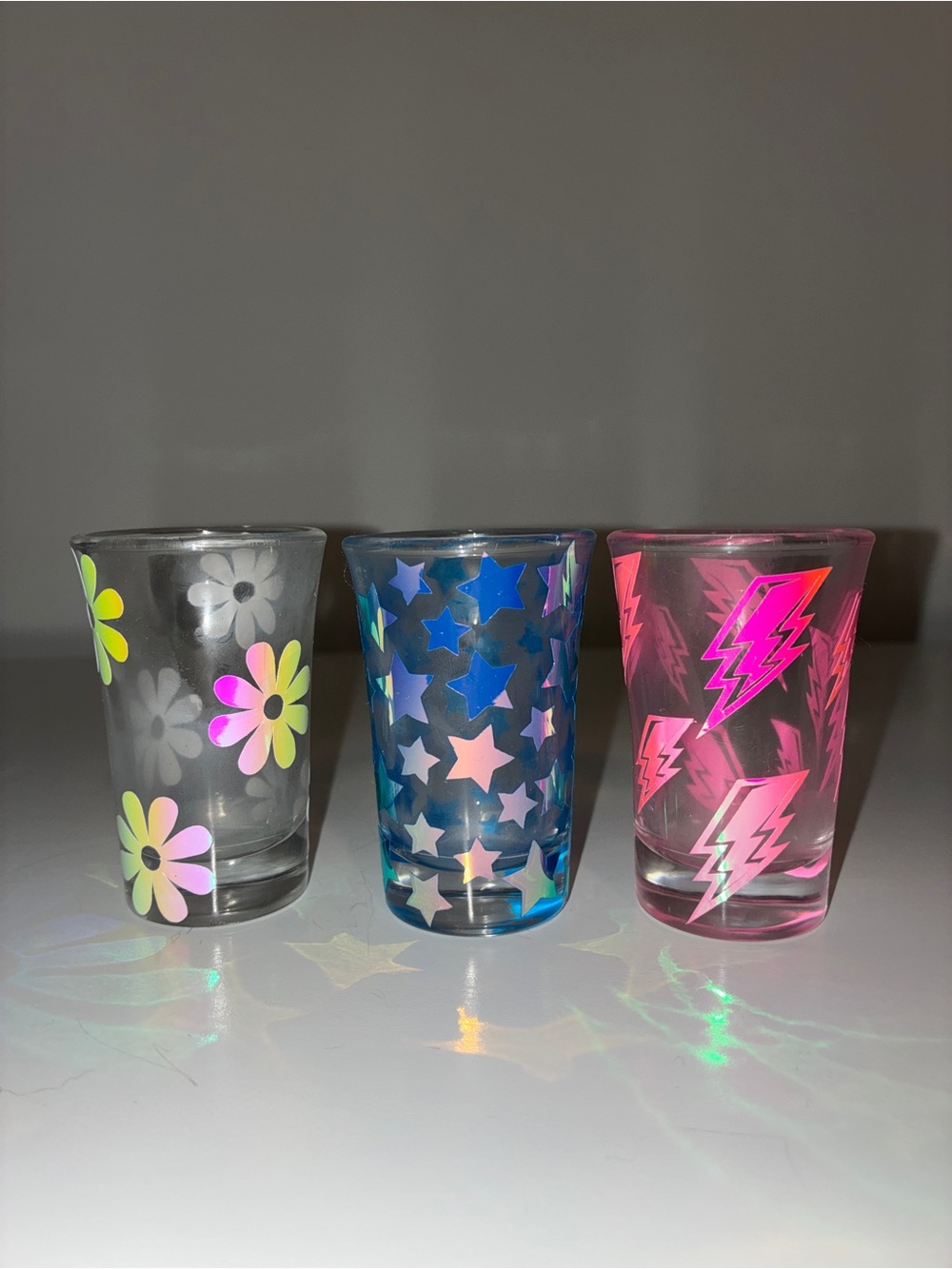 Set of 3 Custom Holographic Shot Glasses NWOT